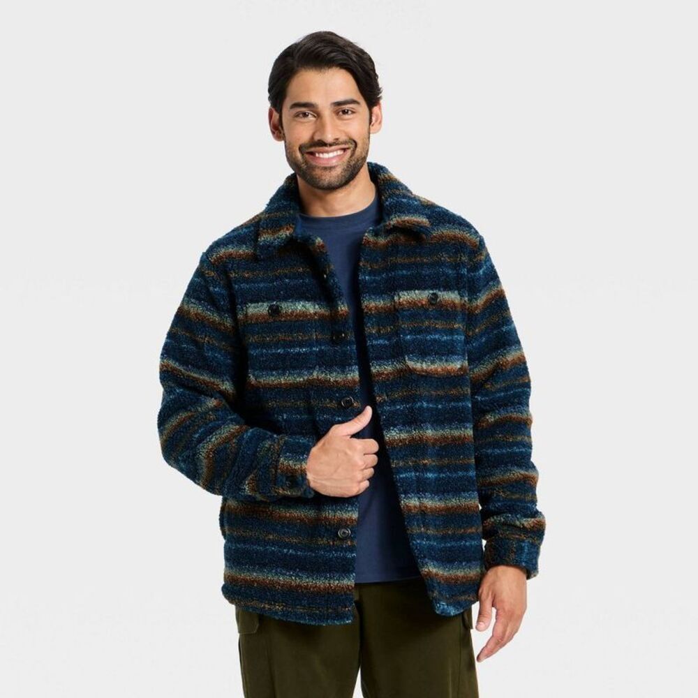 Men's Vintage High Pile Full Button Jacket - Goodfellow & Co Dark Blue Striped S